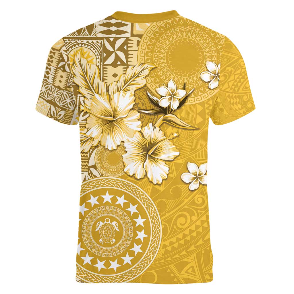 Cook Islands Women V-Neck T-Shirt Yellow Hibiscus And Stars LT05 - Polynesian Pride