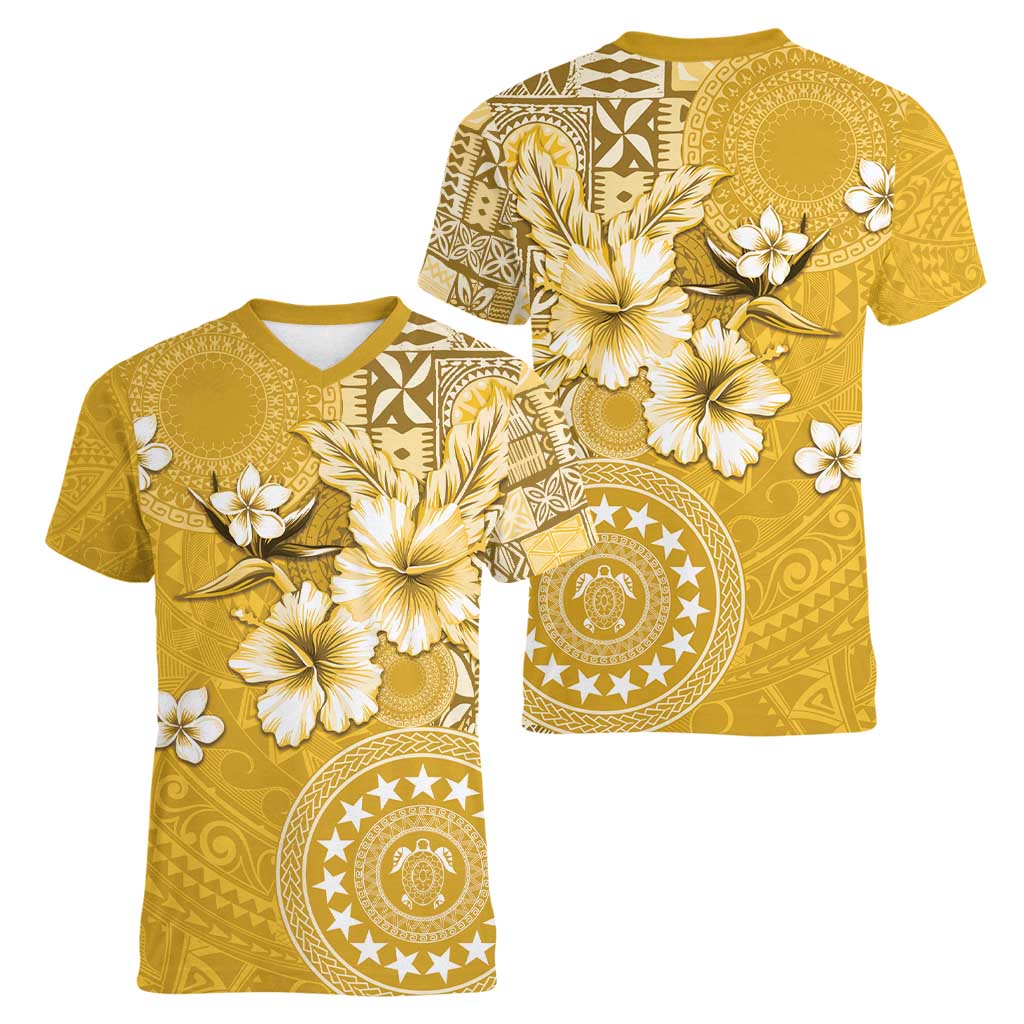 Cook Islands Women V-Neck T-Shirt Yellow Hibiscus And Stars LT05 - Polynesian Pride