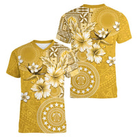 Cook Islands Women V-Neck T-Shirt Yellow Hibiscus And Stars LT05 - Polynesian Pride