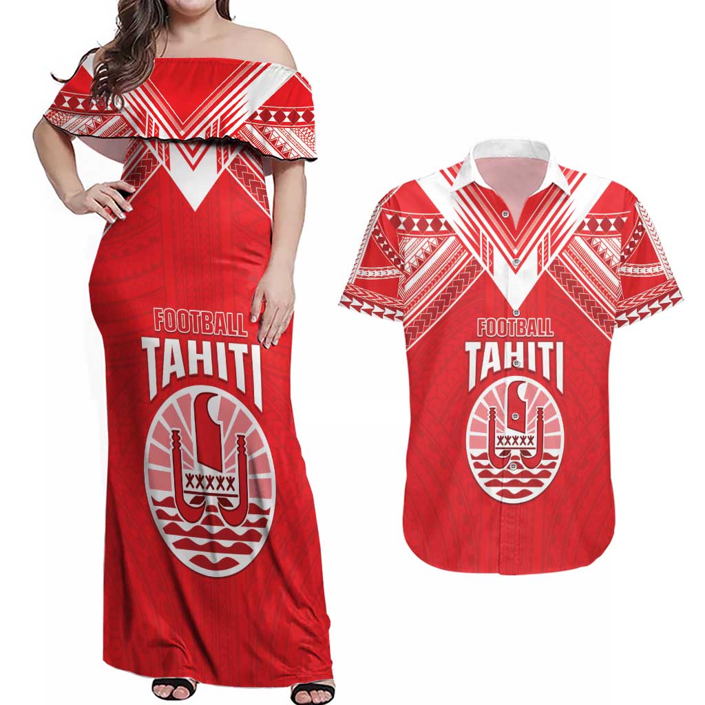 Custom Tahiti Football Couples Matching Off Shoulder Maxi Dress and Hawaiian Shirt Coat Of Arms Polynesian Tribal Pattern LT05 Red - Polynesian Pride