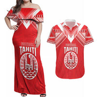 Custom Tahiti Football Couples Matching Off Shoulder Maxi Dress and Hawaiian Shirt Coat Of Arms Polynesian Tribal Pattern LT05 Red - Polynesian Pride