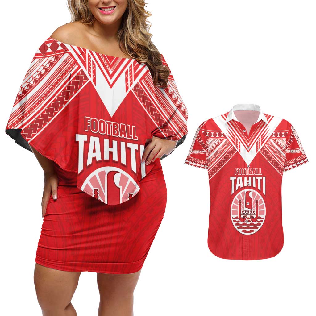 Custom Tahiti Football Couples Matching Off Shoulder Short Dress and Hawaiian Shirt Coat Of Arms Polynesian Tribal Pattern LT05 Red - Polynesian Pride