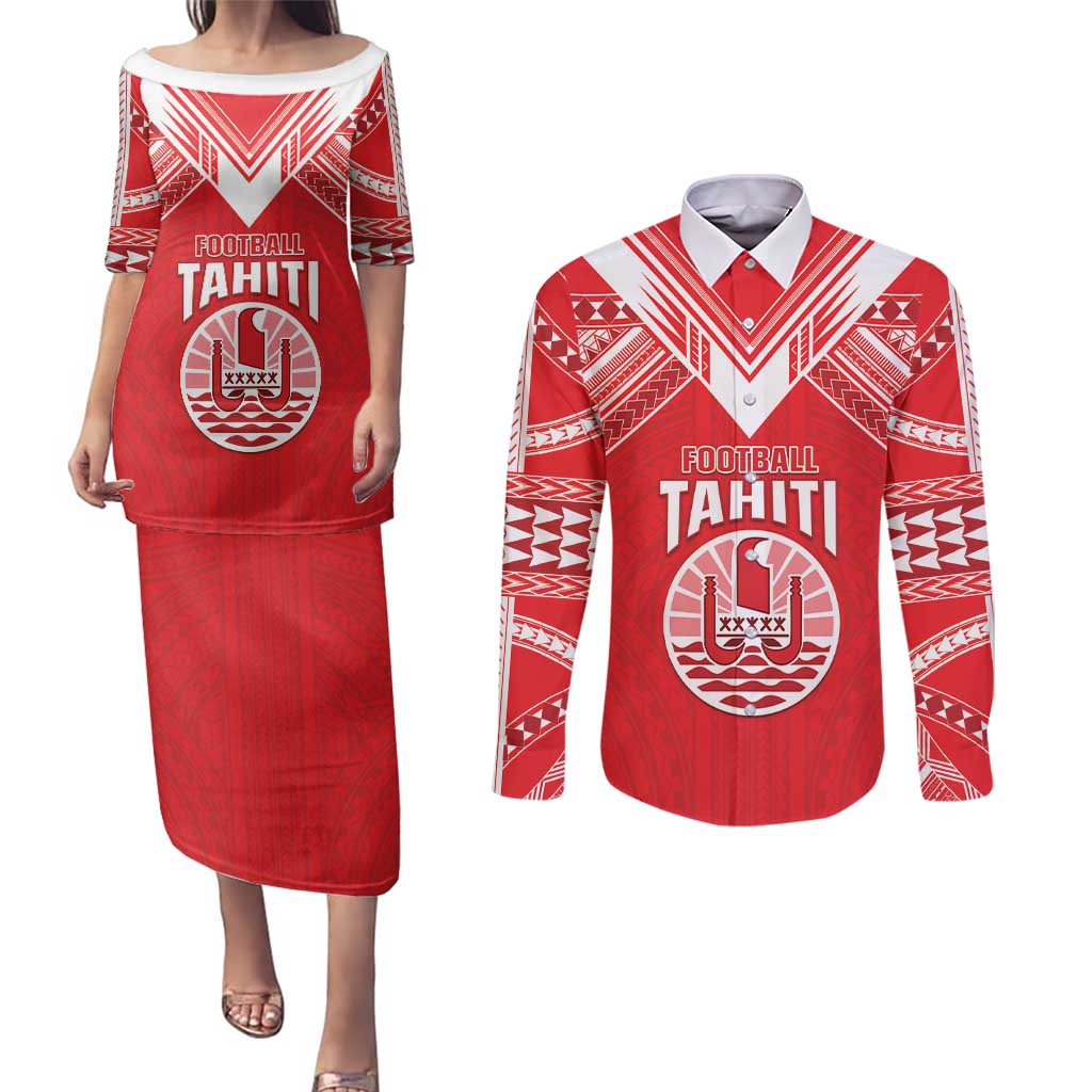 Custom Tahiti Football Couples Matching Puletasi and Long Sleeve Button Shirt Coat Of Arms Polynesian Tribal Pattern LT05 Red - Polynesian Pride