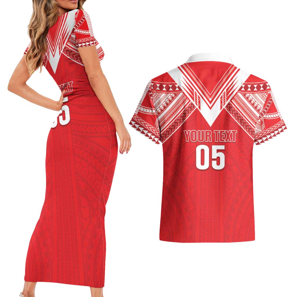 Custom Tahiti Football Couples Matching Short Sleeve Bodycon Dress and Hawaiian Shirt Coat Of Arms Polynesian Tribal Pattern LT05 - Polynesian Pride