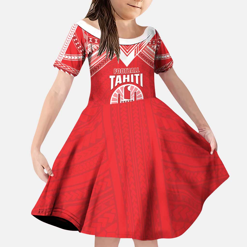 Custom Tahiti Football Family Matching Puletasi and Hawaiian Shirt Coat Of Arms Polynesian Tribal Pattern LT05 Daughter's Dress Red - Polynesian Pride