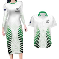 Custom New Zealand Fern Football Couples Matching Long Sleeve Bodycon Dress and Hawaiian Shirt Simple Style LT05 White - Polynesian Pride