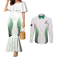 Custom New Zealand Fern Football Couples Matching Mermaid Dress and Long Sleeve Button Shirt Simple Style LT05 White - Polynesian Pride