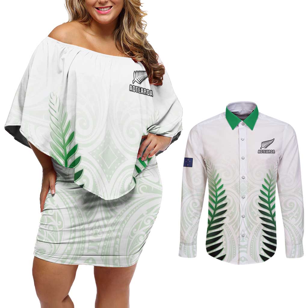 Custom New Zealand Fern Football Couples Matching Off Shoulder Short Dress and Long Sleeve Button Shirt Simple Style
