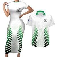 Custom New Zealand Fern Football Couples Matching Short Sleeve Bodycon Dress and Hawaiian Shirt Simple Style LT05 White - Polynesian Pride