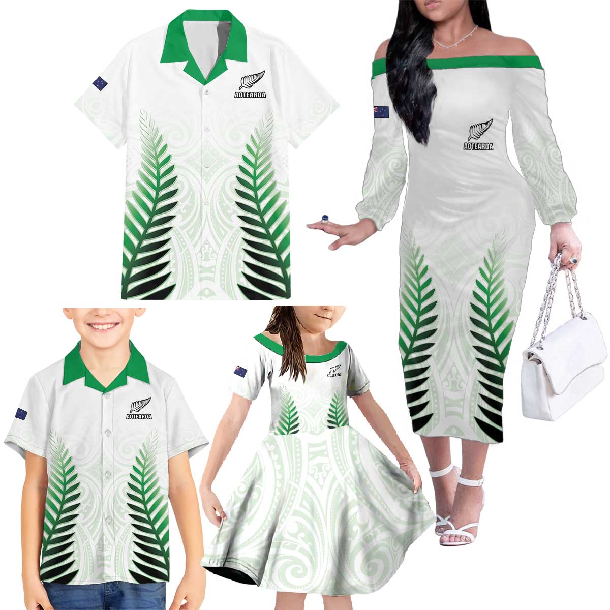 Custom New Zealand Fern Football Family Matching Off The Shoulder Long Sleeve Dress and Hawaiian Shirt Simple Style
