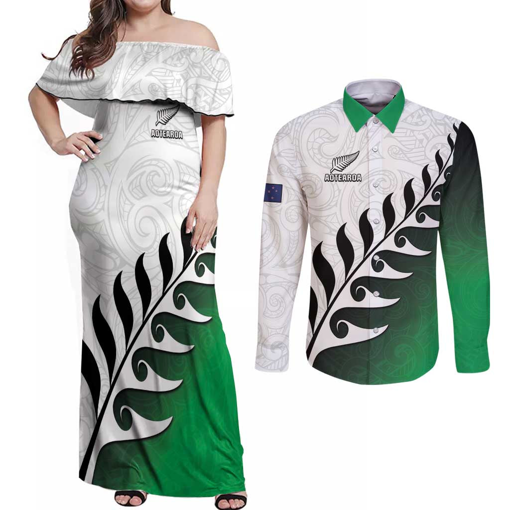 Custom New Zealand Football Couples Matching Off Shoulder Maxi Dress and Long Sleeve Button Shirt Go Aotearoa