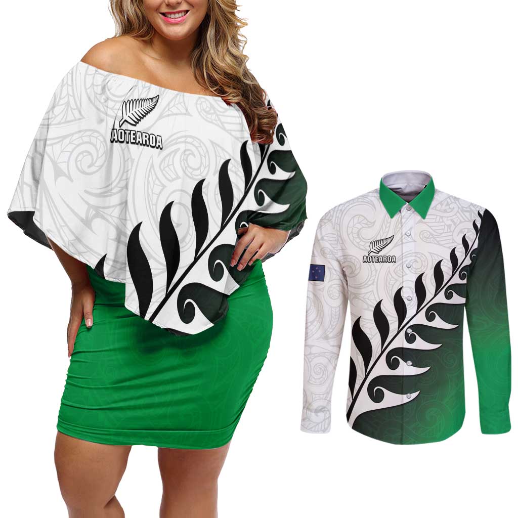 Custom New Zealand Football Couples Matching Off Shoulder Short Dress and Long Sleeve Button Shirt Go Aotearoa
