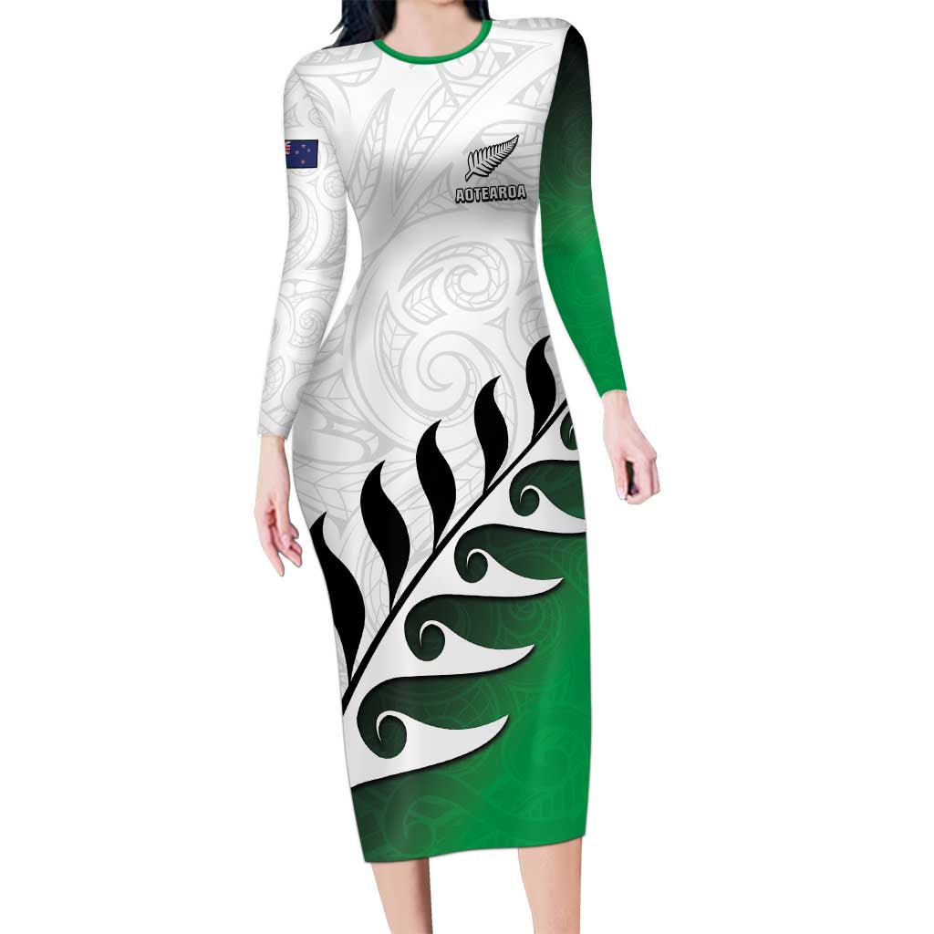 Custom New Zealand Football Family Matching Long Sleeve Bodycon Dress and Hawaiian Shirt Go Aotearoa LT05 Mom's Dress Green - Polynesian Pride