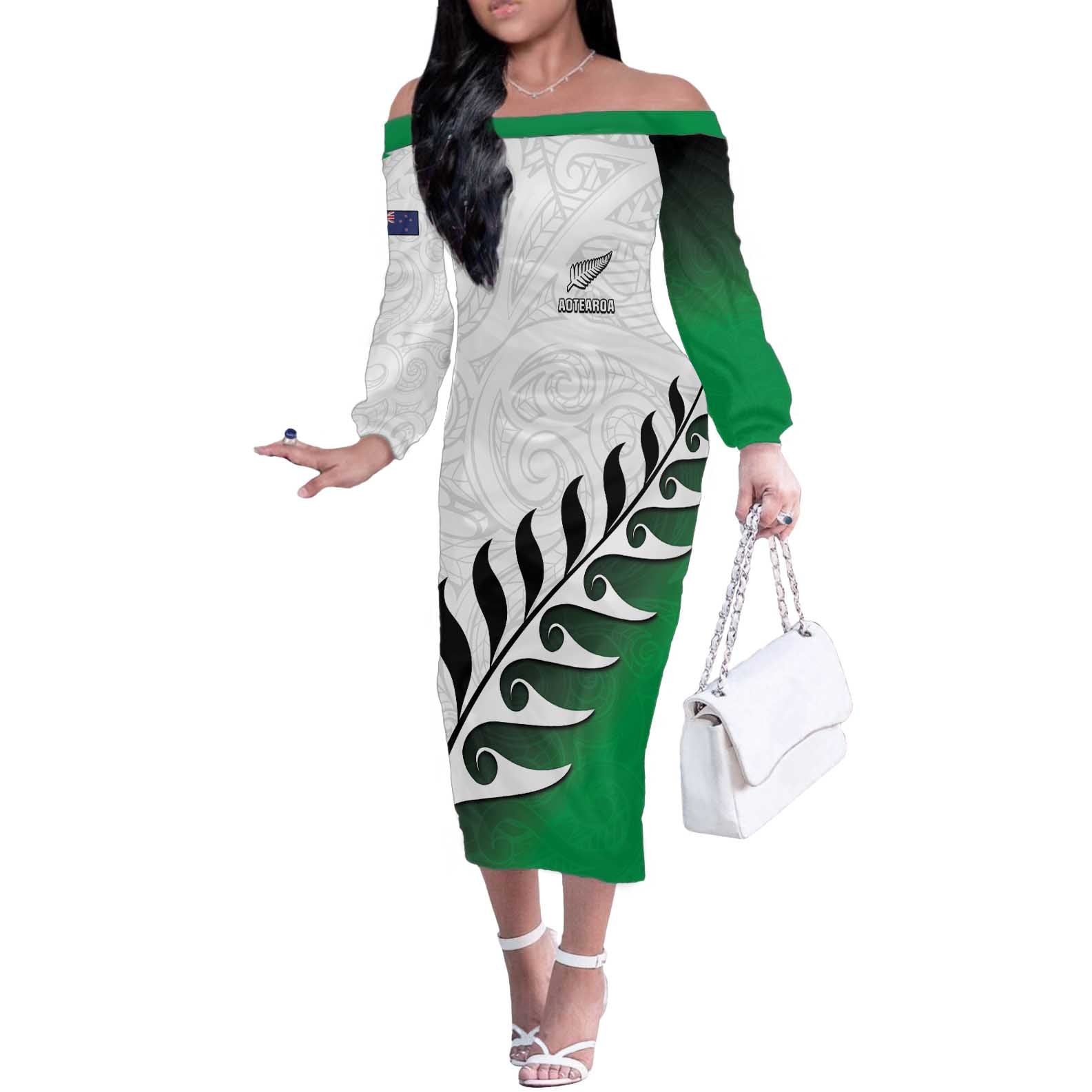 Custom New Zealand Football Off The Shoulder Long Sleeve Dress Go Aotearoa