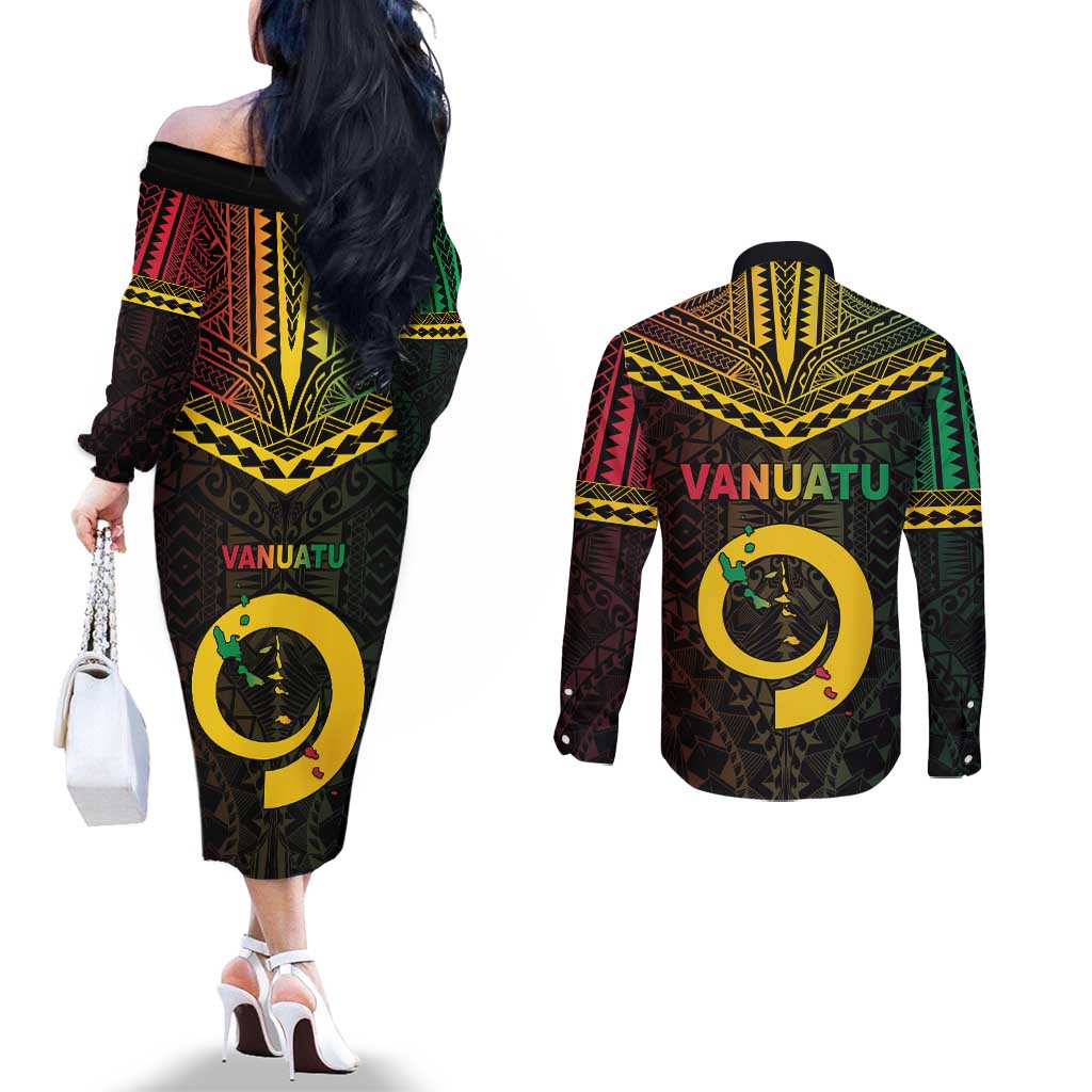 Happy Vanuatu Father Lini Day Couples Matching Off The Shoulder Long Sleeve Dress and Long Sleeve Button Shirt LT05 - Polynesian Pride