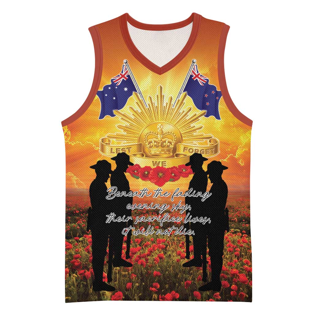 ANZAC Day Basketball Jersey Remembrance Tribute Soldiers And Poppy Field LT05 Unisex Orange - Polynesian Pride