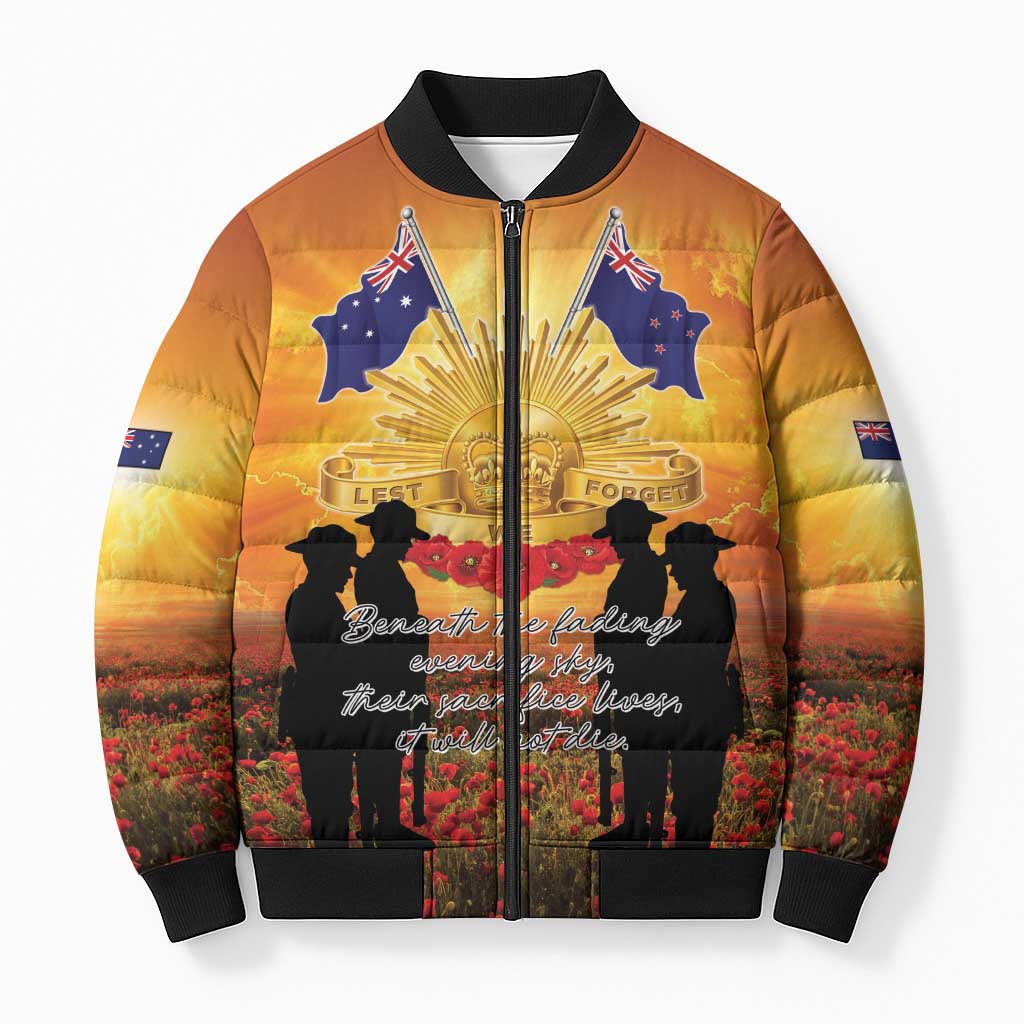 ANZAC Day Bomber Puffer Jacket Remembrance Tribute Soldiers And Poppy Field LT05 Unisex Orange - Polynesian Pride