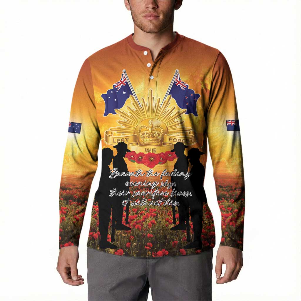 ANZAC Day Button Sweatshirt Remembrance Tribute Soldiers And Poppy Field