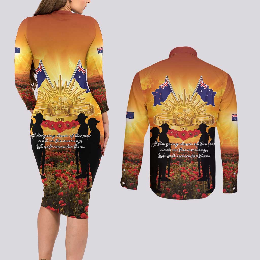 ANZAC Day Couples Matching Long Sleeve Bodycon Dress and Long Sleeve Button Shirt Remembrance Tribute Soldiers And Poppy Field