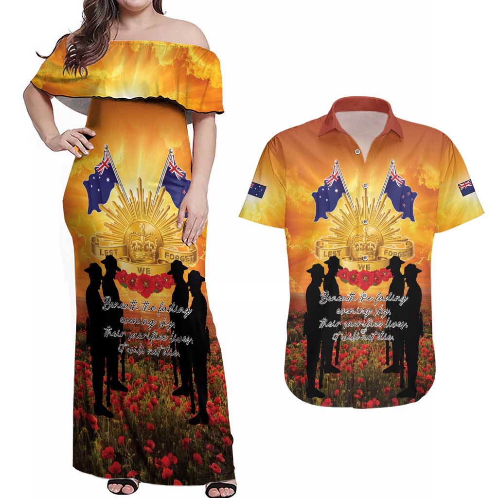 ANZAC Day Couples Matching Off Shoulder Maxi Dress and Hawaiian Shirt Remembrance Tribute Soldiers And Poppy Field