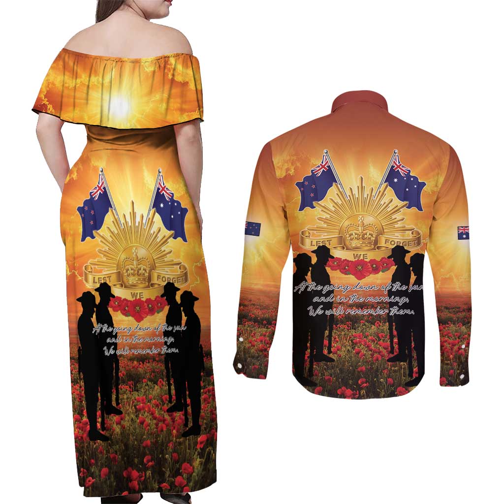 ANZAC Day Couples Matching Off Shoulder Maxi Dress and Long Sleeve Button Shirt Remembrance Tribute Soldiers And Poppy Field LT05 - Polynesian Pride