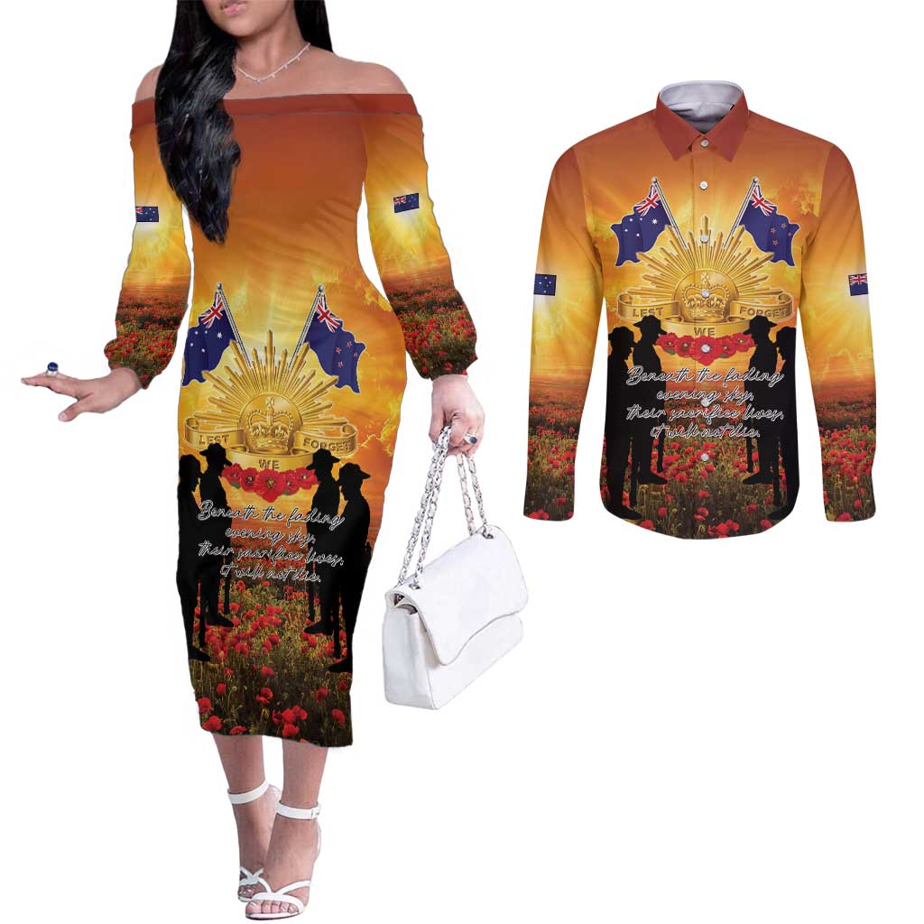 ANZAC Day Couples Matching Off The Shoulder Long Sleeve Dress and Long Sleeve Button Shirt Remembrance Tribute Soldiers And Poppy Field LT05 Orange - Polynesian Pride