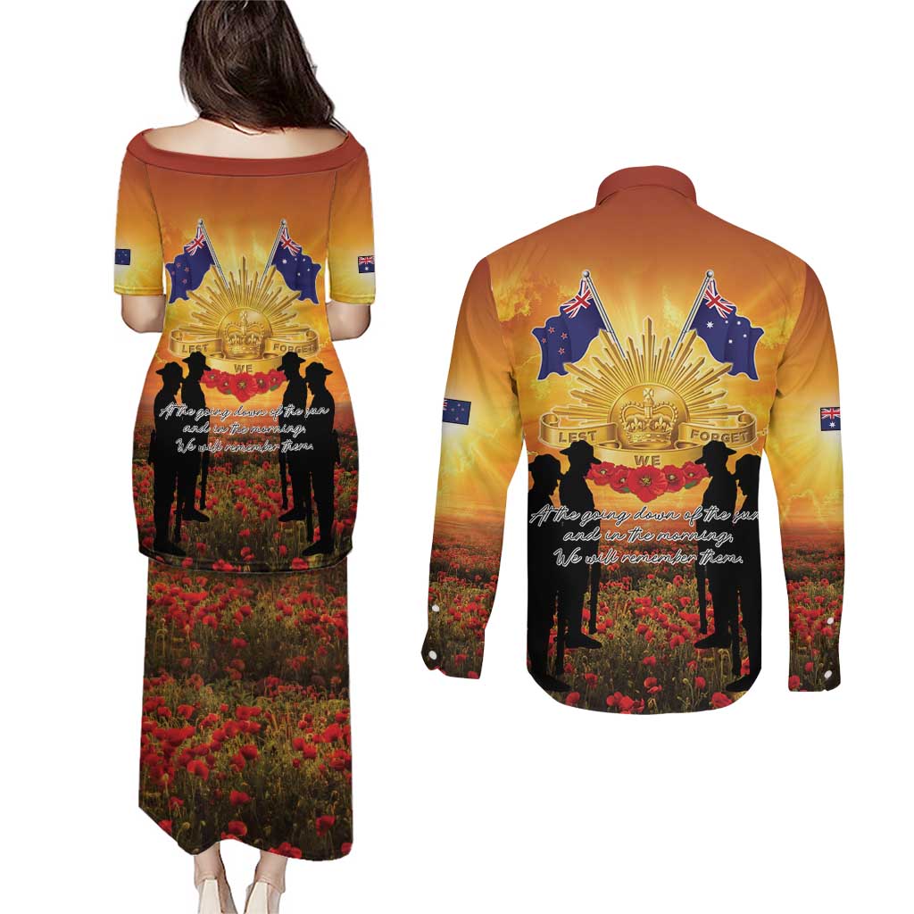 ANZAC Day Couples Matching Puletasi and Long Sleeve Button Shirt Remembrance Tribute Soldiers And Poppy Field LT05 - Polynesian Pride