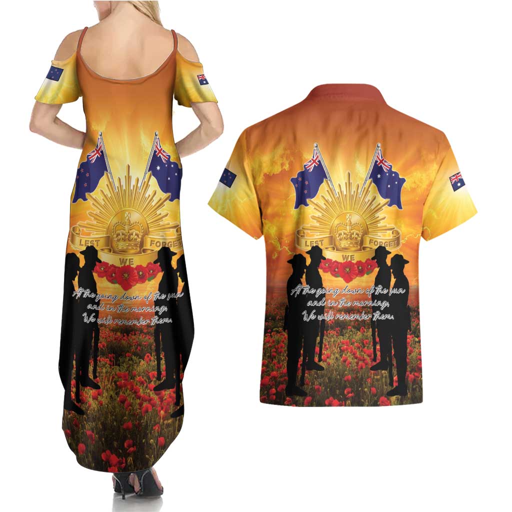 ANZAC Day Couples Matching Summer Maxi Dress and Hawaiian Shirt Remembrance Tribute Soldiers And Poppy Field