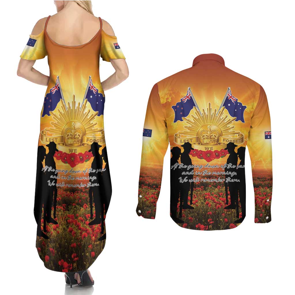 ANZAC Day Couples Matching Summer Maxi Dress and Long Sleeve Button Shirt Remembrance Tribute Soldiers And Poppy Field LT05 - Polynesian Pride