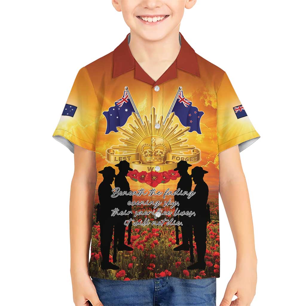 ANZAC Day Family Matching Puletasi and Hawaiian Shirt Remembrance Tribute Soldiers And Poppy Field LT05 Son's Shirt Orange - Polynesian Pride