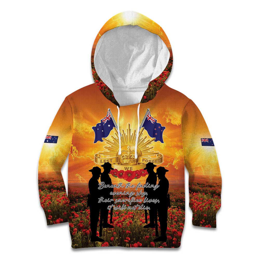 ANZAC Day Kid Hoodie Remembrance Tribute Soldiers And Poppy Field LT05 Hoodie Orange - Polynesian Pride