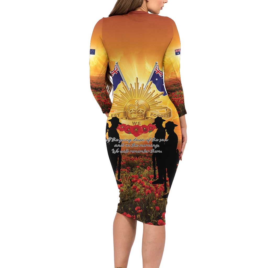 ANZAC Day Long Sleeve Bodycon Dress Remembrance Tribute Soldiers And Poppy Field LT05 - Polynesian Pride
