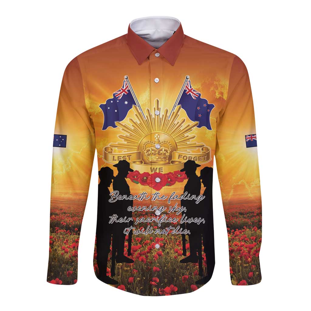 ANZAC Day Long Sleeve Button Shirt Remembrance Tribute Soldiers And Poppy Field LT05 Unisex Orange - Polynesian Pride