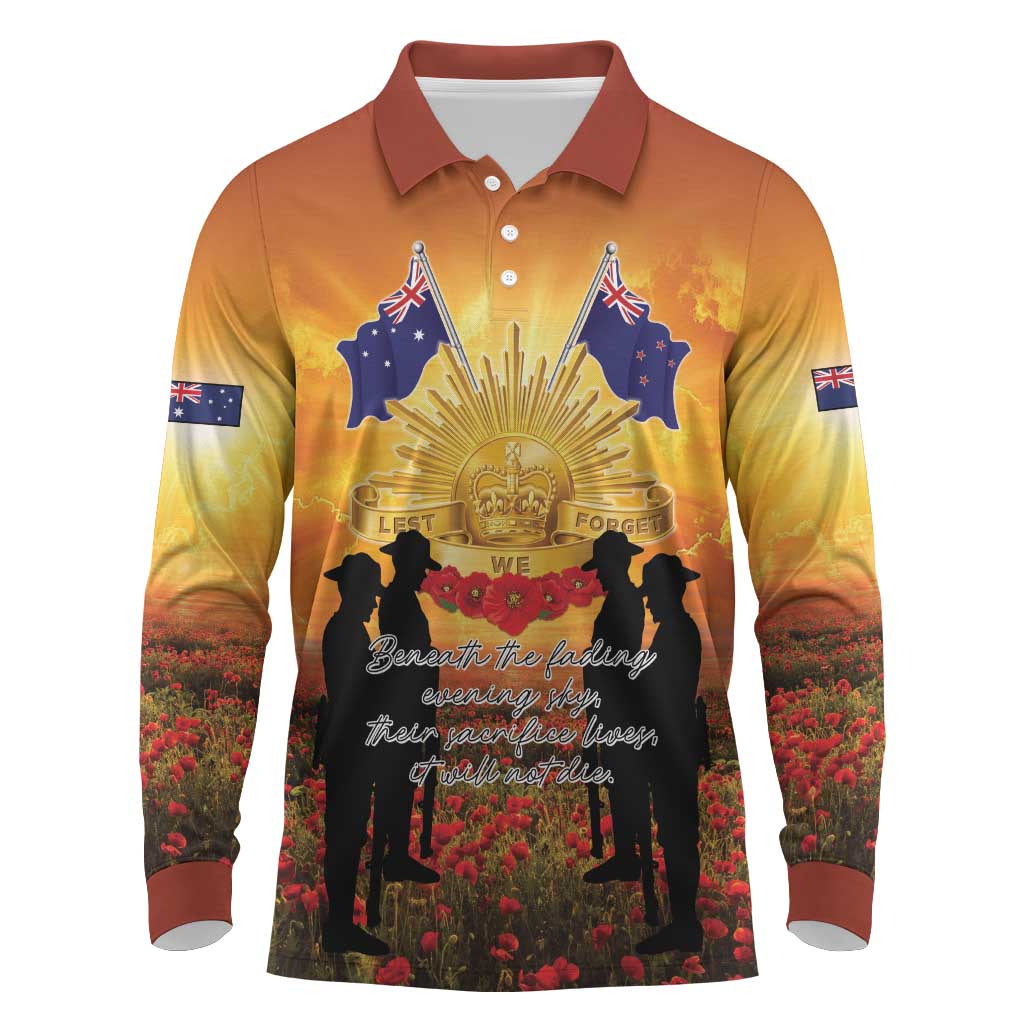 ANZAC Day Long Sleeve Polo Shirt Remembrance Tribute Soldiers And Poppy Field LT05 Orange - Polynesian Pride