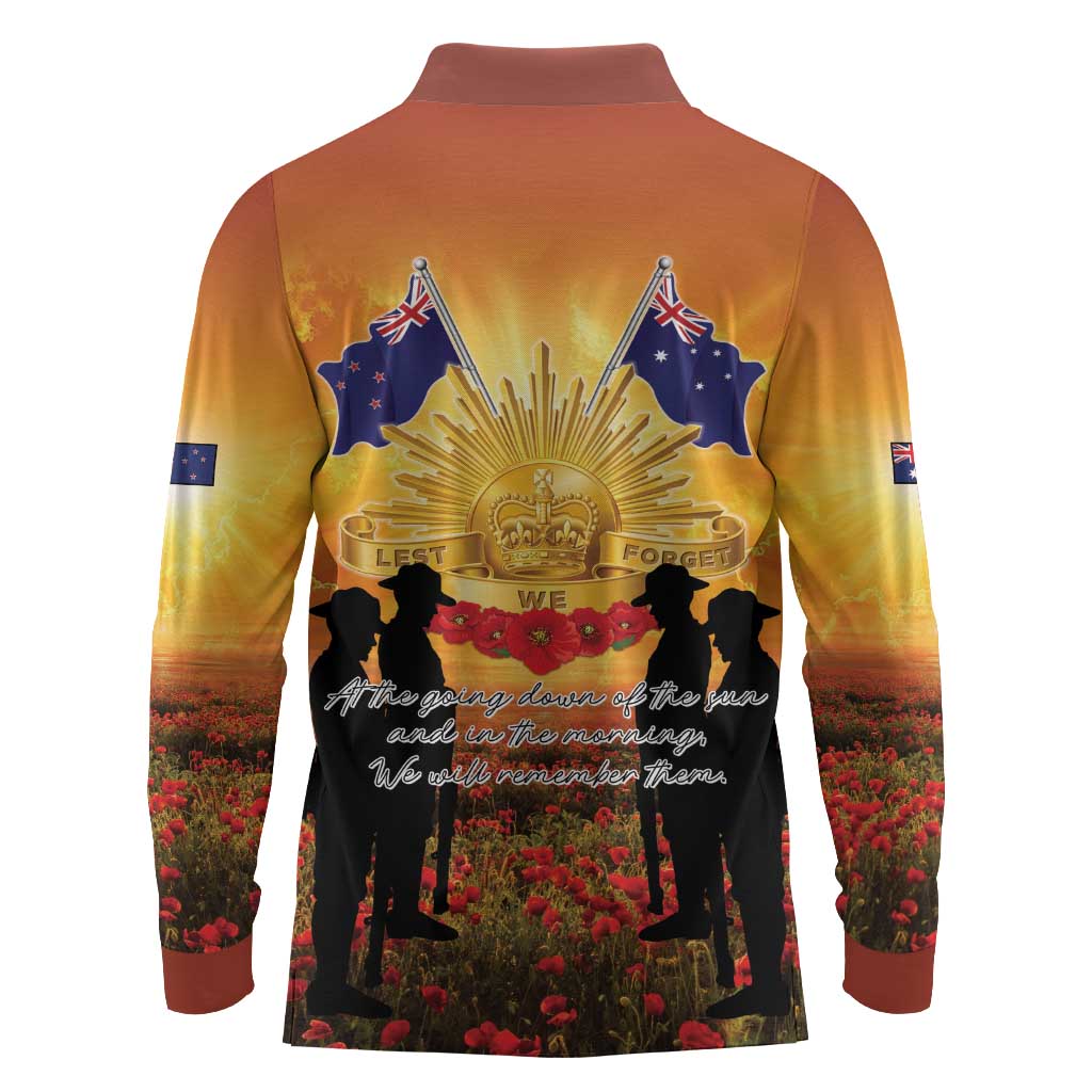 ANZAC Day Long Sleeve Polo Shirt Remembrance Tribute Soldiers And Poppy Field LT05 - Polynesian Pride