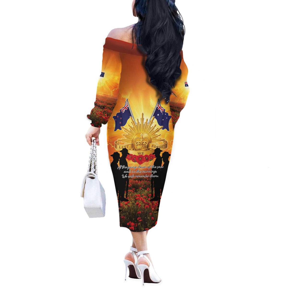 ANZAC Day Off The Shoulder Long Sleeve Dress Remembrance Tribute Soldiers And Poppy Field LT05 - Polynesian Pride