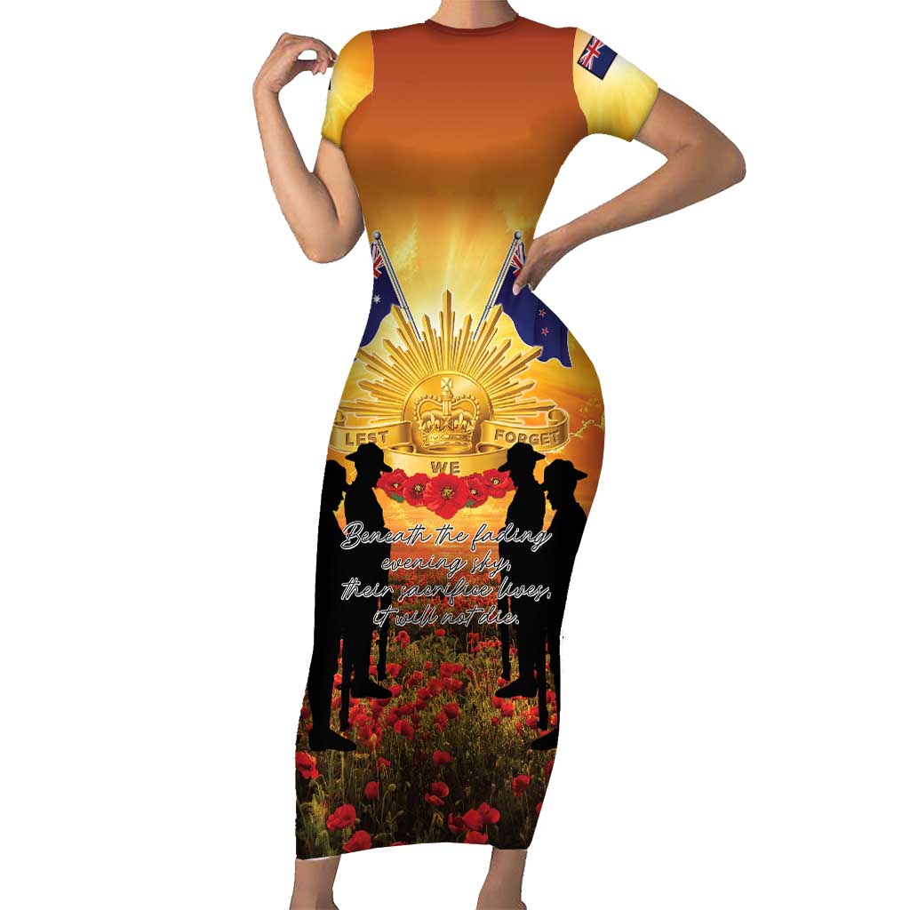 ANZAC Day Short Sleeve Bodycon Dress Remembrance Tribute Soldiers And Poppy Field LT05 Long Dress Orange - Polynesian Pride