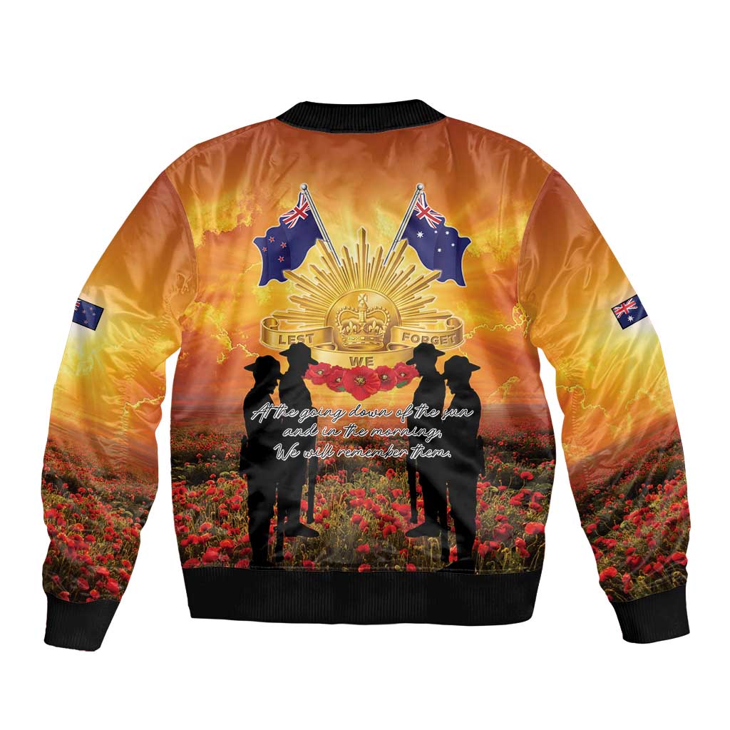 ANZAC Day Sleeve Zip Bomber Jacket Remembrance Tribute Soldiers And Poppy Field