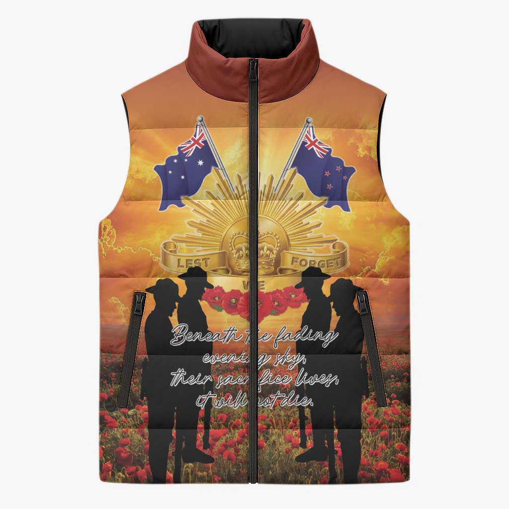 ANZAC Day Sleeveless Puffer Jacket Remembrance Tribute Soldiers And Poppy Field LT05 Unisex Orange - Polynesian Pride