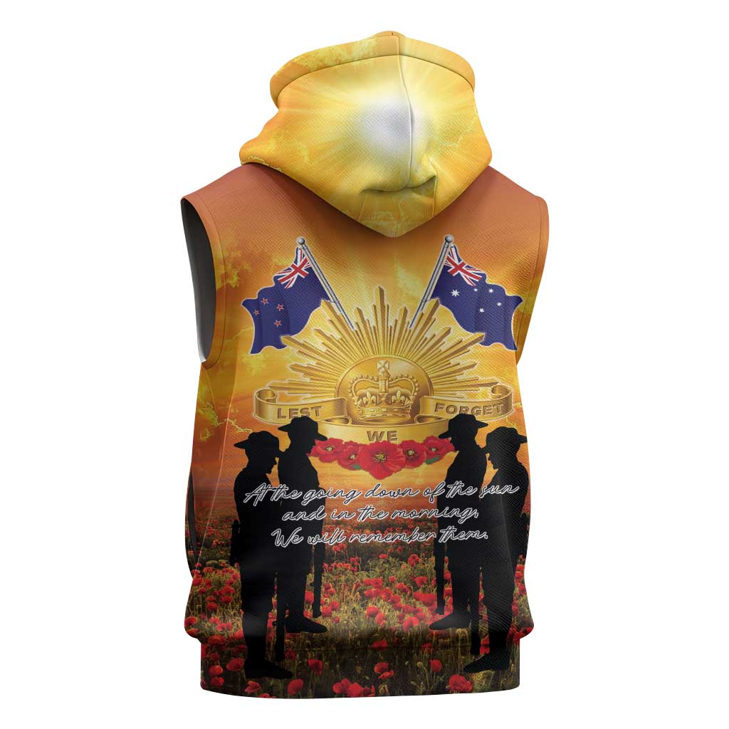 ANZAC Day Sleeveless Zip Hoodie Remembrance Tribute Soldiers And Poppy Field LT05 - Polynesian Pride