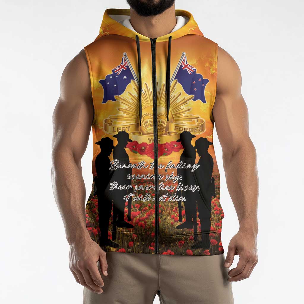 ANZAC Day Sleeveless Zip Hoodie Remembrance Tribute Soldiers And Poppy Field LT05 - Polynesian Pride