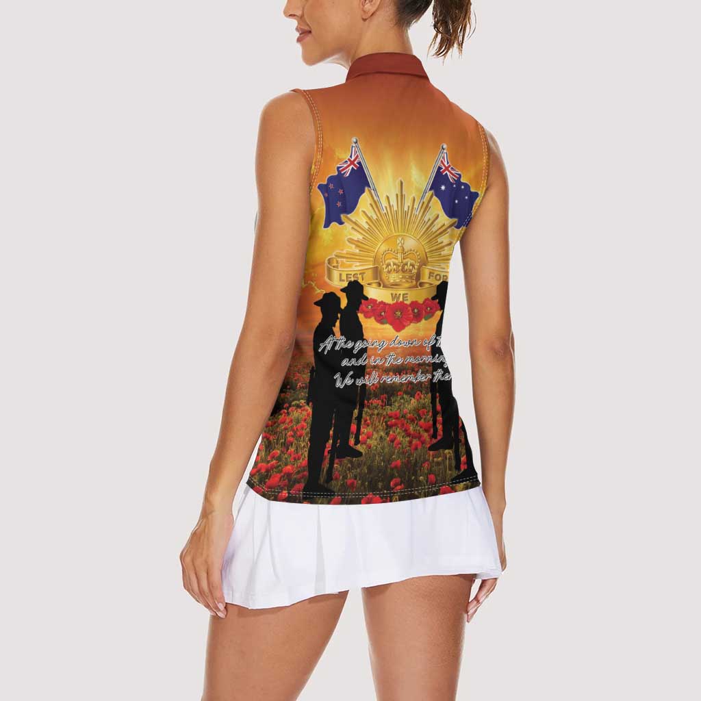 ANZAC Day Women Sleeveless Polo Shirt Remembrance Tribute Soldiers And Poppy Field