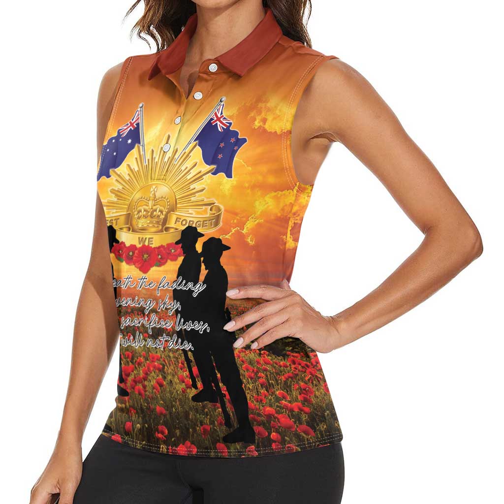ANZAC Day Women Sleeveless Polo Shirt Remembrance Tribute Soldiers And Poppy Field
