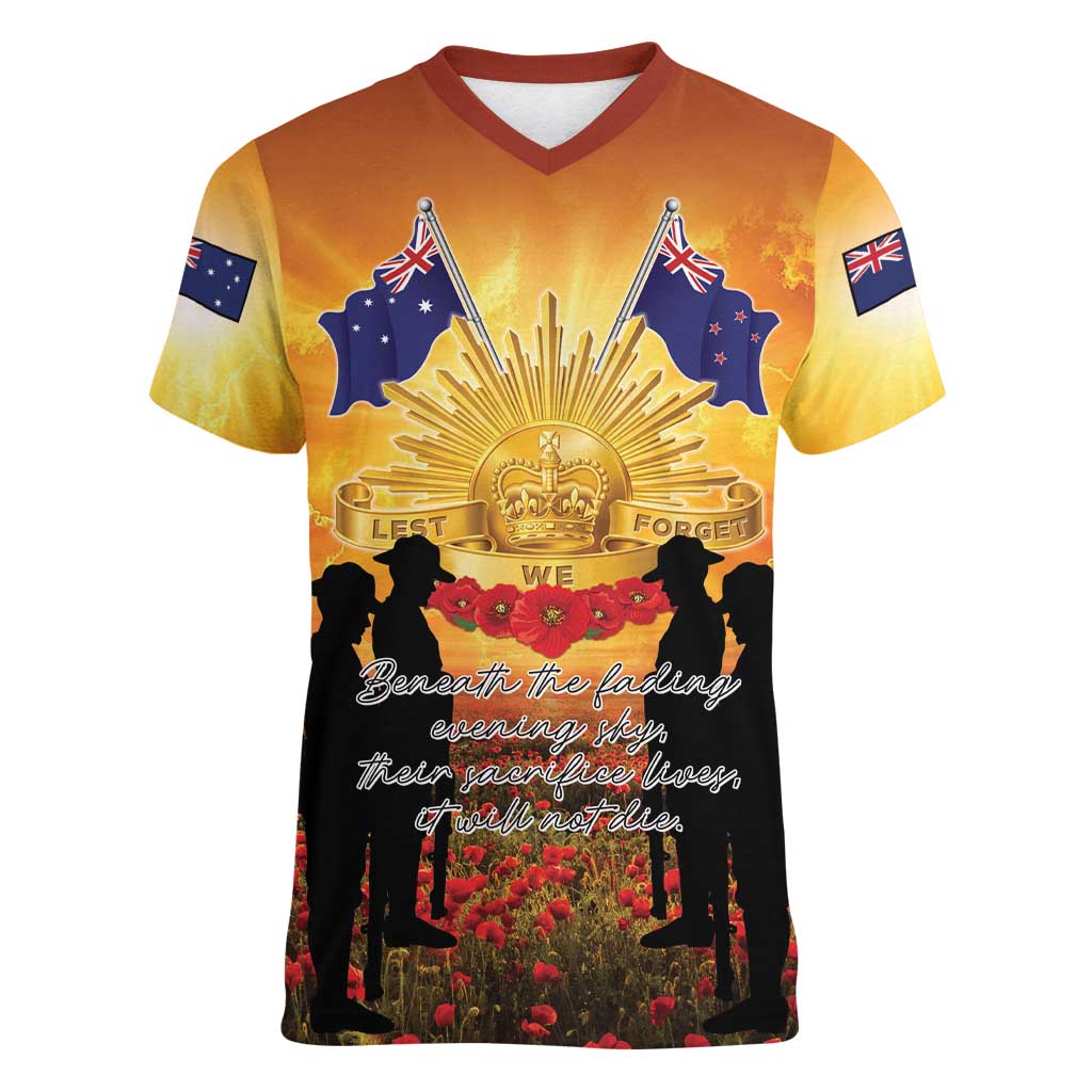 ANZAC Day Women V-Neck T-Shirt Remembrance Tribute Soldiers And Poppy Field LT05 Female Orange - Polynesian Pride