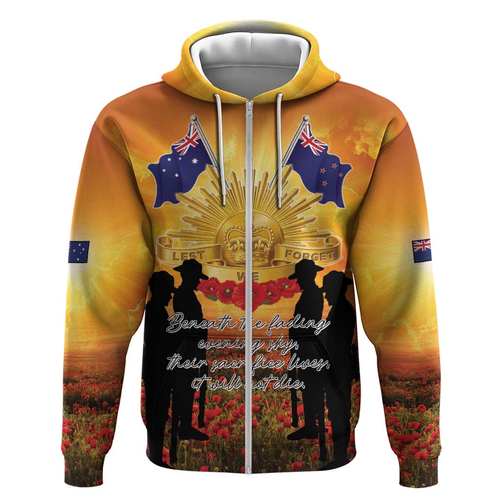 ANZAC Day Zip Hoodie Remembrance Tribute Soldiers And Poppy Field