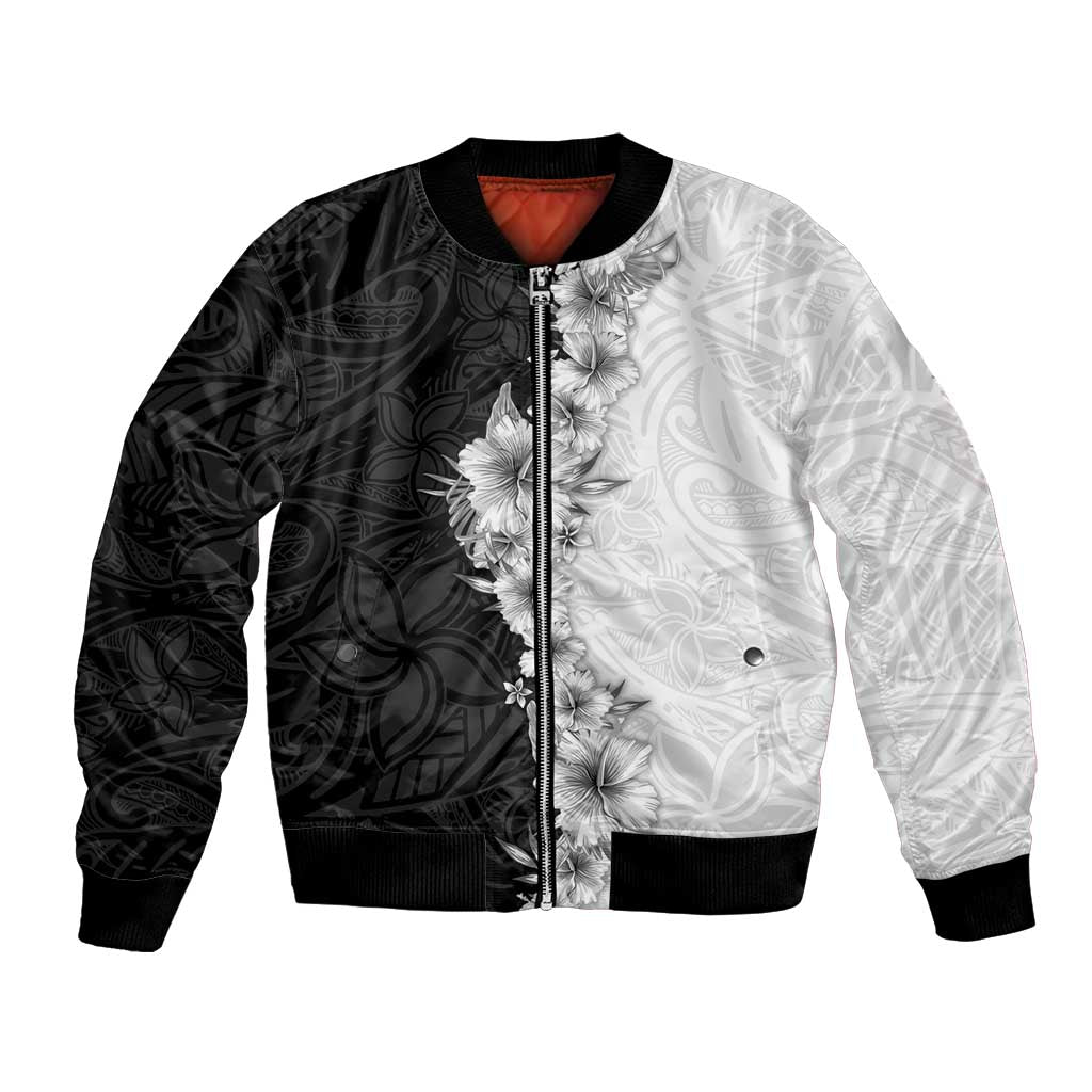 Hawaii Hibiscus Flowers Bomber Jacket Grayscale Polynesian Pattern