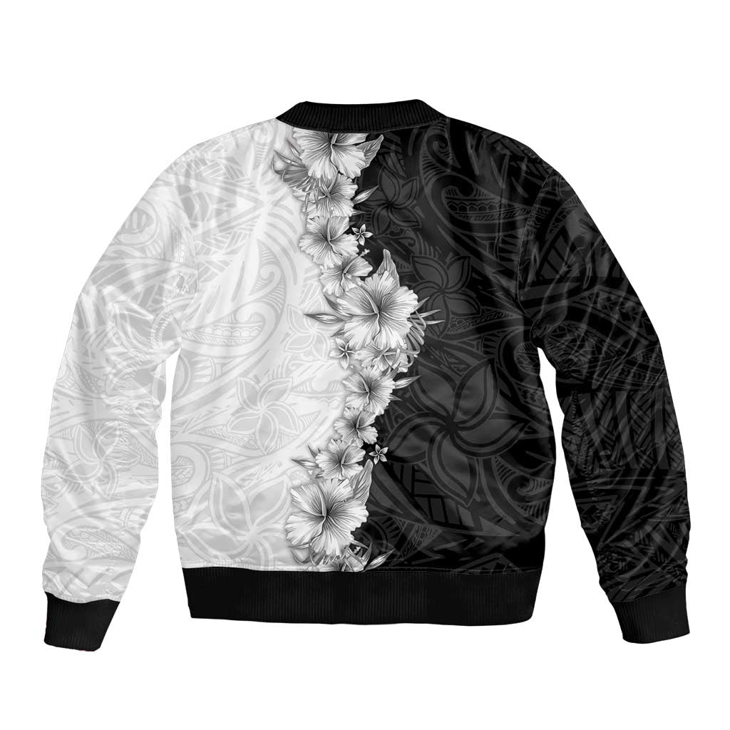 Hawaii Hibiscus Flowers Bomber Jacket Grayscale Polynesian Pattern