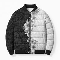 Hawaii Hibiscus Flowers Bomber Puffer Jacket Grayscale Polynesian Pattern