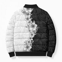 Hawaii Hibiscus Flowers Bomber Puffer Jacket Grayscale Polynesian Pattern