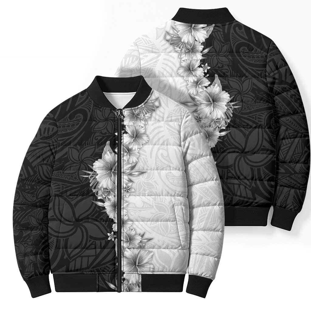 Hawaii Hibiscus Flowers Bomber Puffer Jacket Grayscale Polynesian Pattern